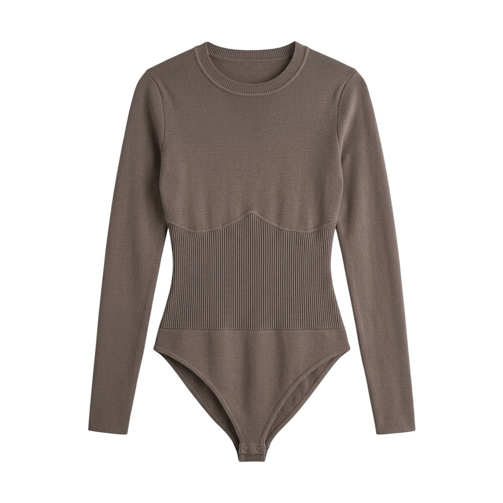Abercrombie & Fitch Bodysuit Women Small Taupe Ribbed Long Sleeve Corset Knit